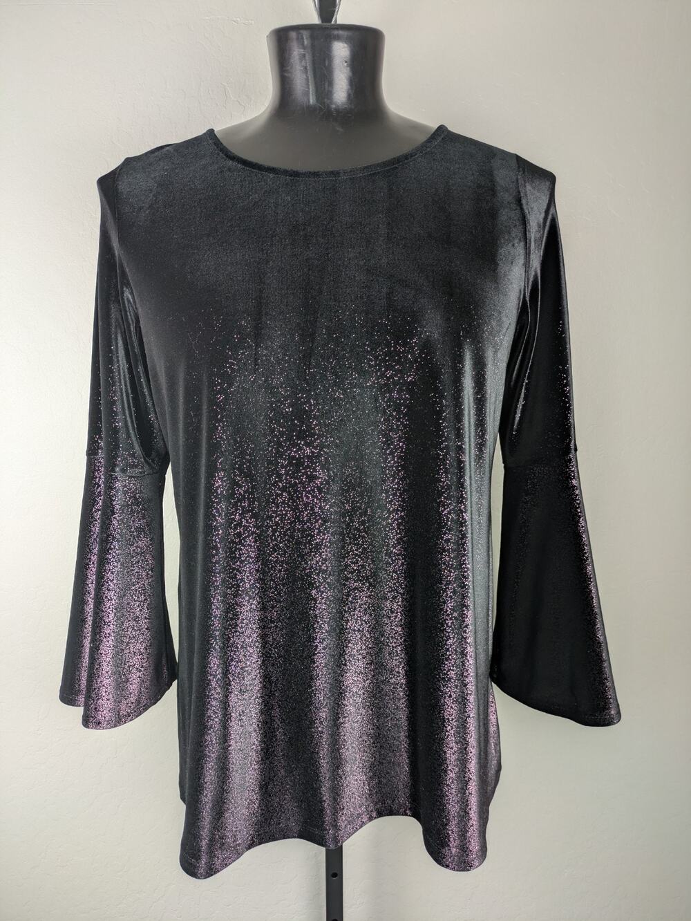 Alfani Black Velvet Purple Shimmer Ombre Bell Sleeve Knit Top Holiday